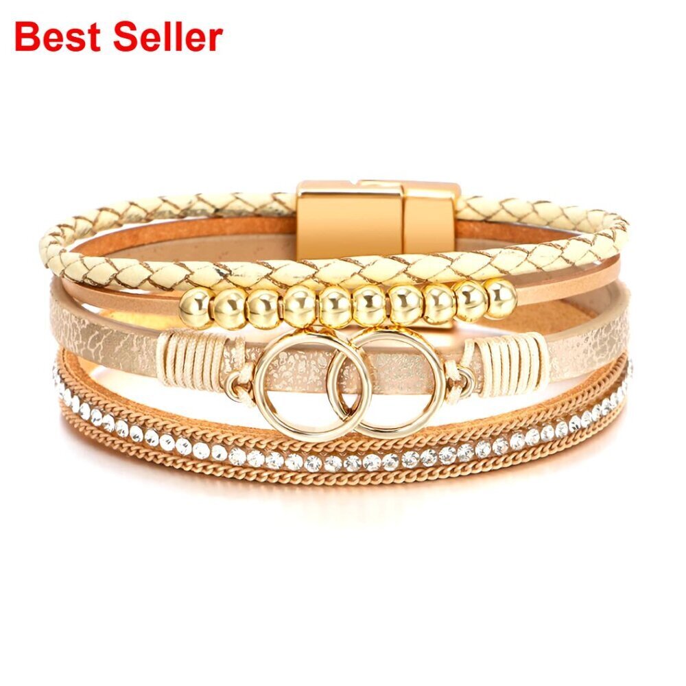 Leather Wrap Bracelet with Pearl Crystal Beads and Magnetic Clasp